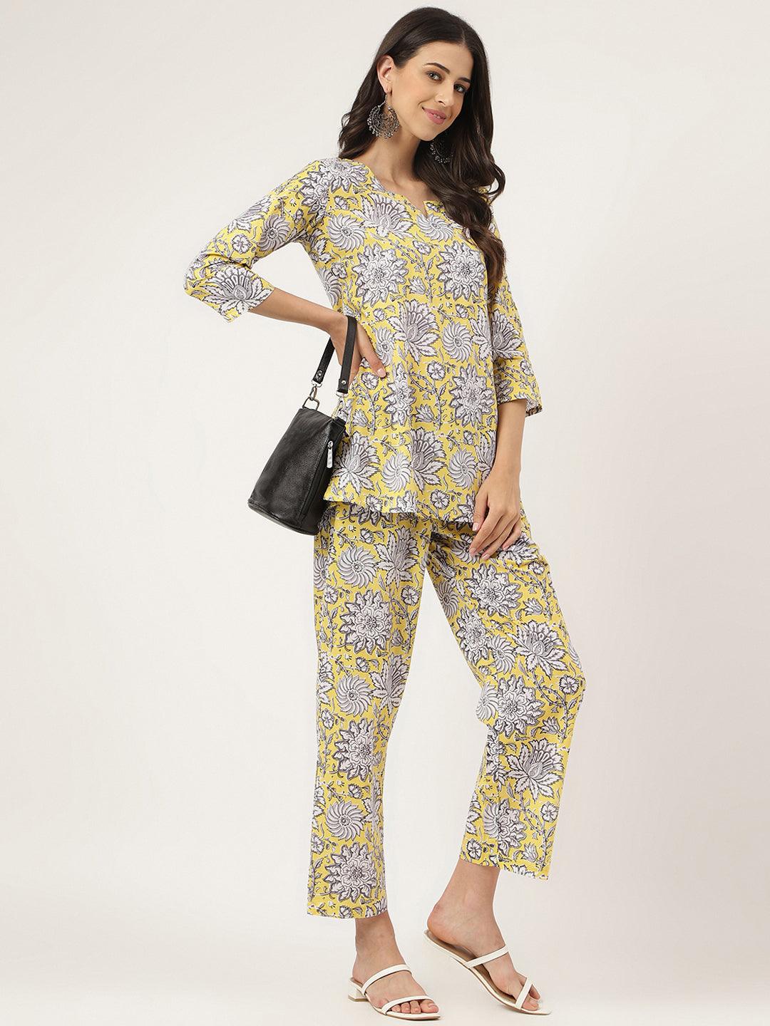 Women's Yellow Printed Loungewear/Nightwear - Taantav