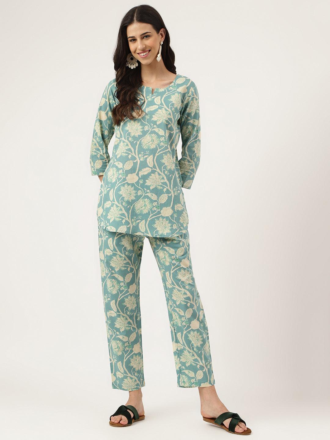 Women's Sea green Printed Loungewear/Nightwear - Taantav