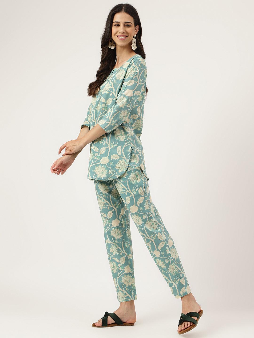 Women's Sea green Printed Loungewear/Nightwear - Taantav