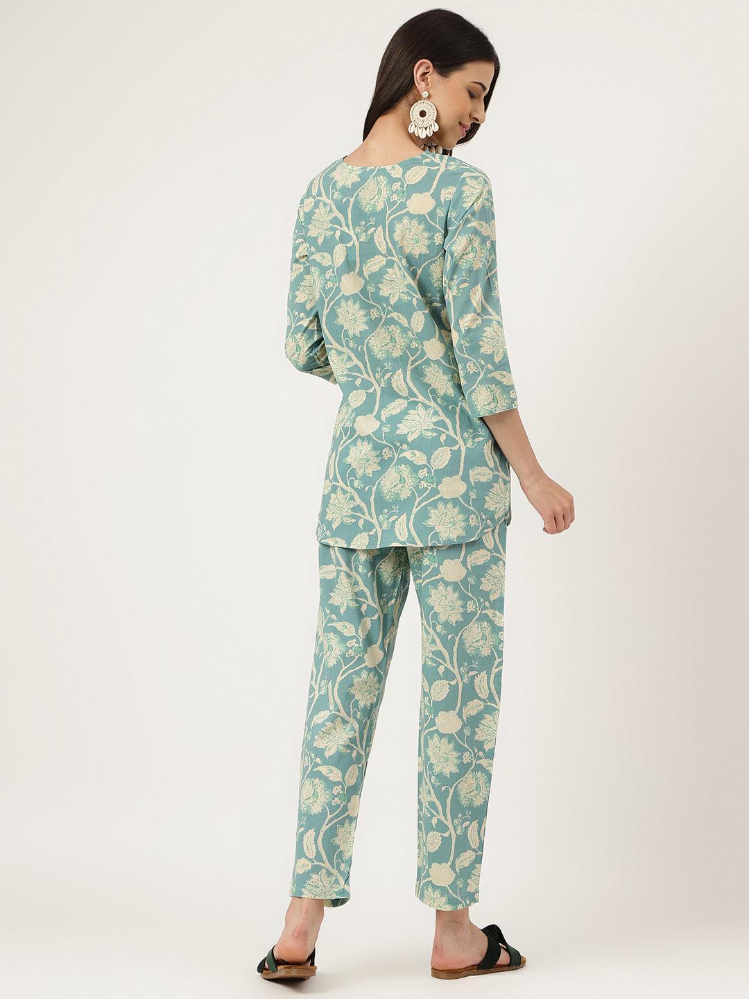 Women's Sea green Printed Loungewear/Nightwear - Taantav