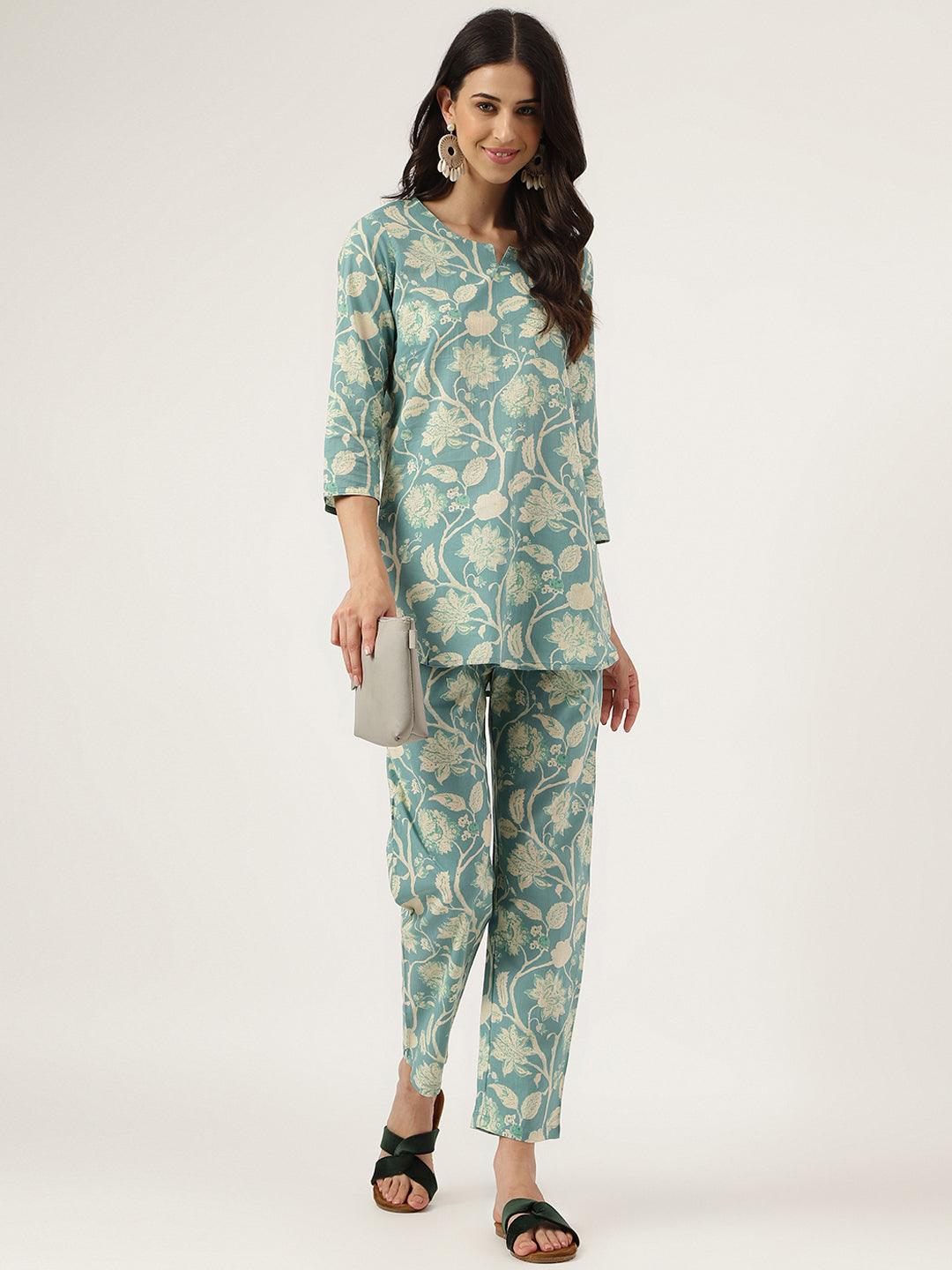 Women's Sea green Printed Loungewear/Nightwear - Taantav