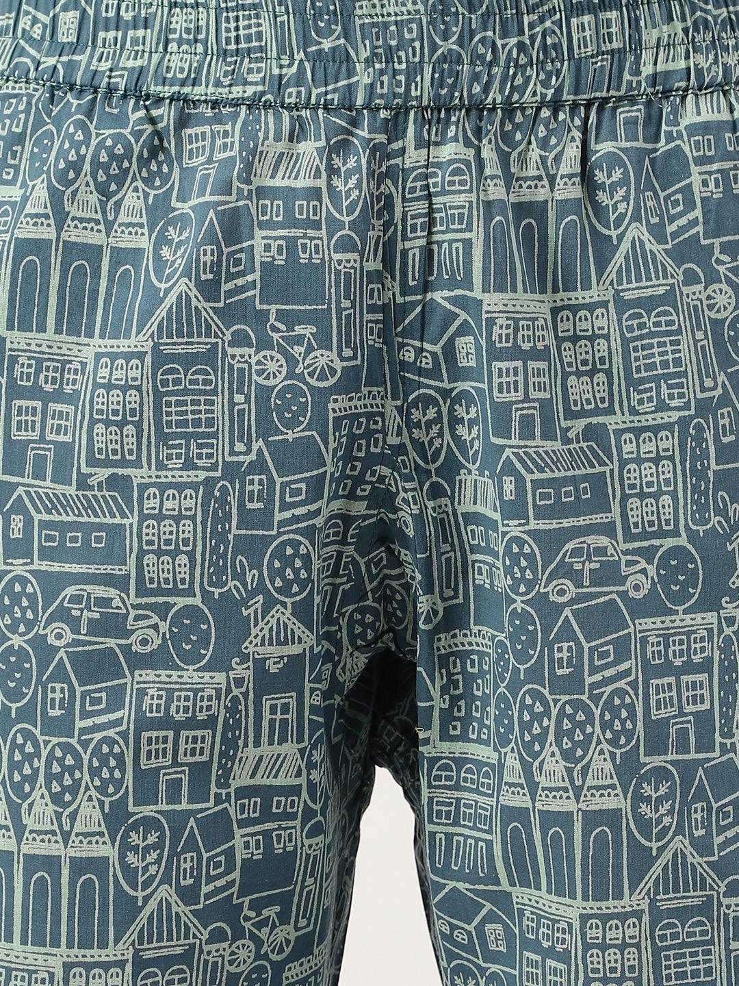 Women's Teal Blue Printed Loungewear/Nightwear - Taantav