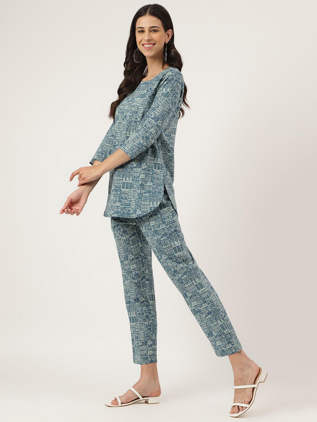 Women's Teal Blue Printed Loungewear/Nightwear - Taantav