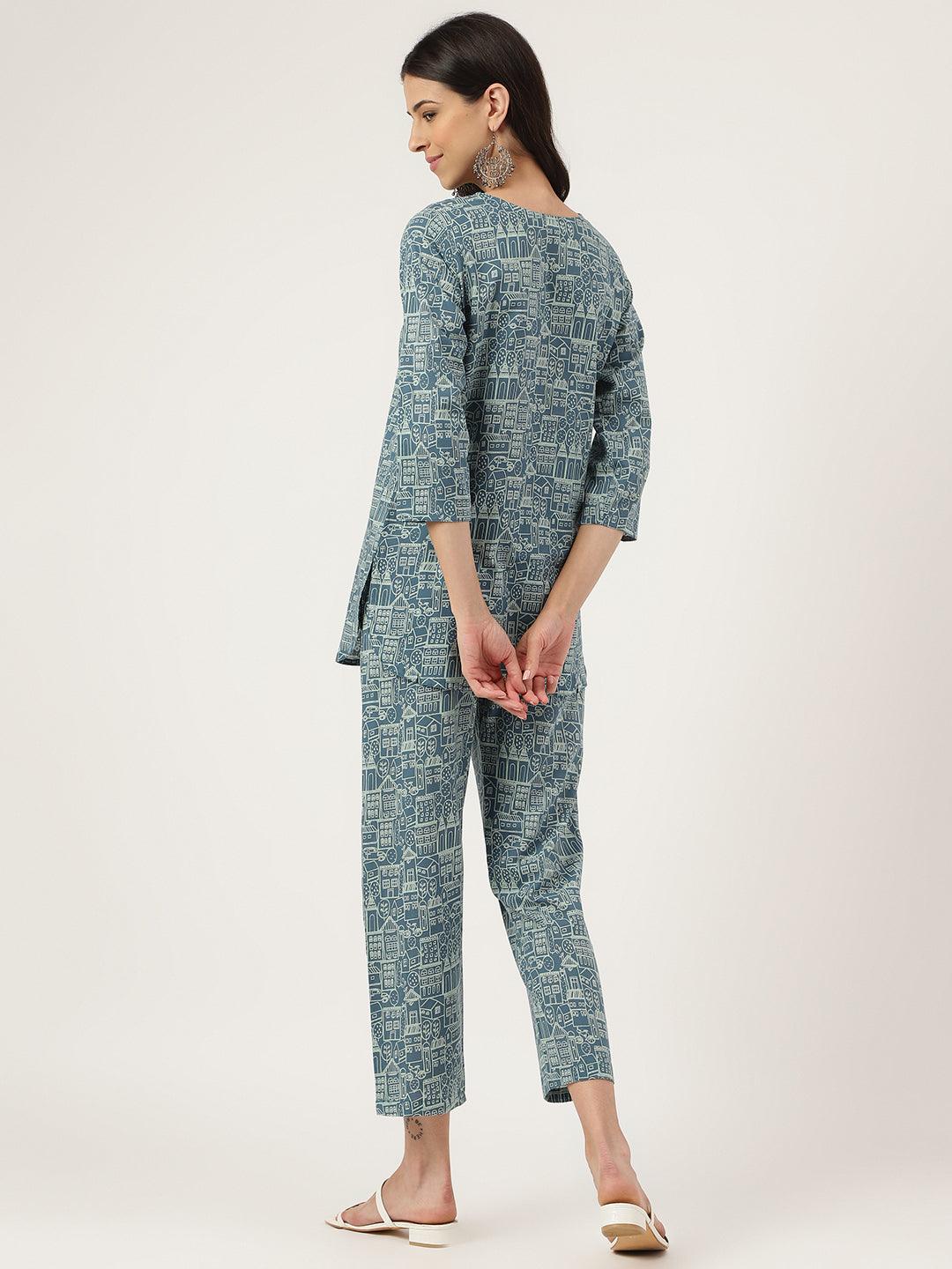 Women's Teal Blue Printed Loungewear/Nightwear - Taantav