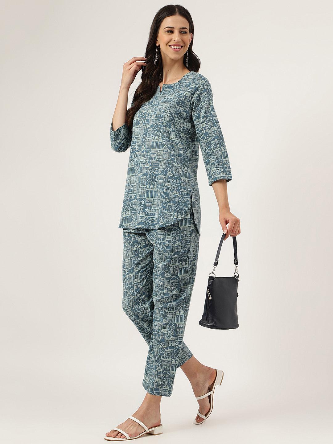 Women's Teal Blue Printed Loungewear/Nightwear - Taantav