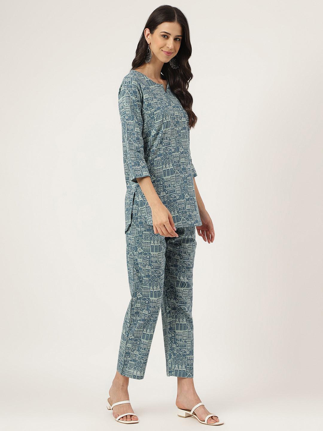 Women's Teal Blue Printed Loungewear/Nightwear - Taantav