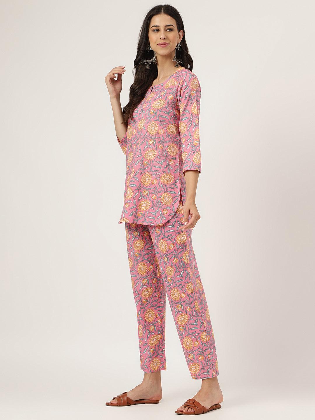 Women's Dark Pink Printed Loungewear/Nightwear - Taantav