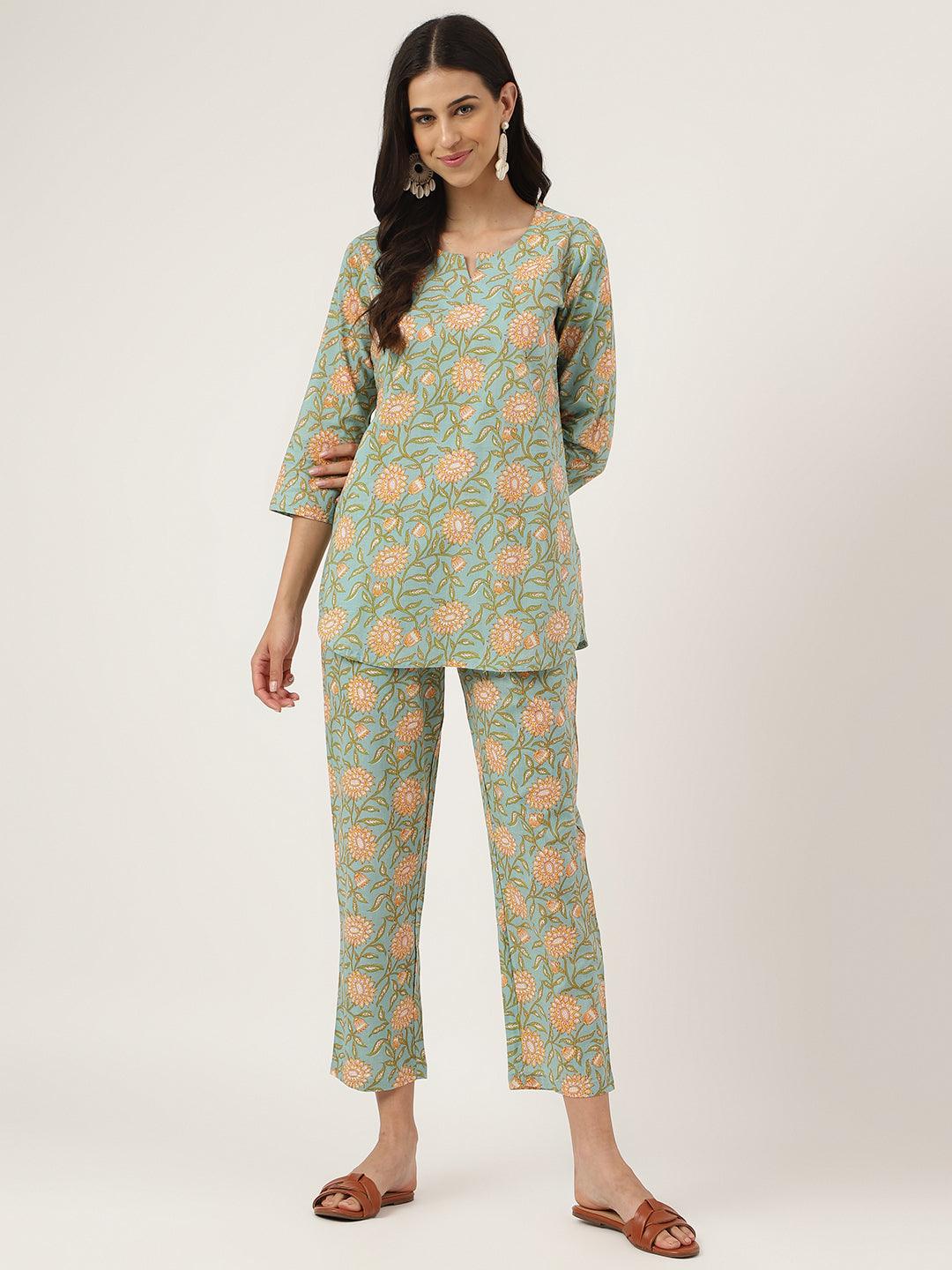 Women's Green Printed Loungewear/Nightwear - Taantav