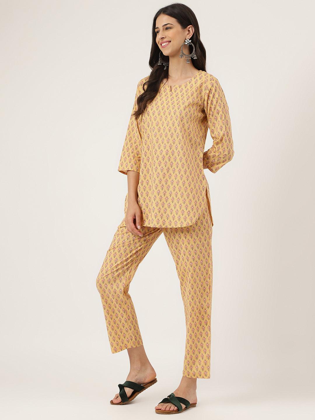 Women's mustard Printed Loungewear/Nightwear - Taantav