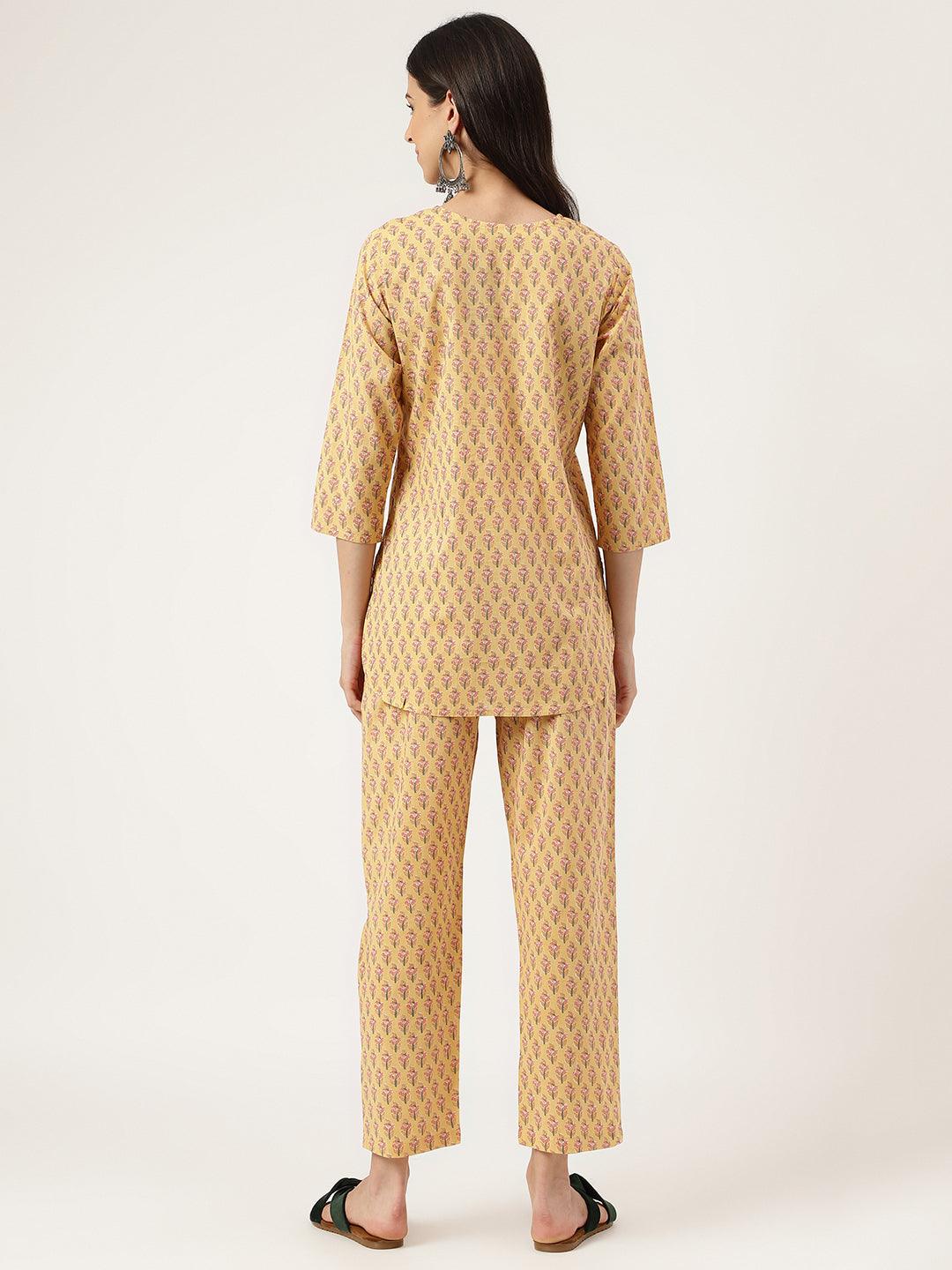 Women's mustard Printed Loungewear/Nightwear - Taantav