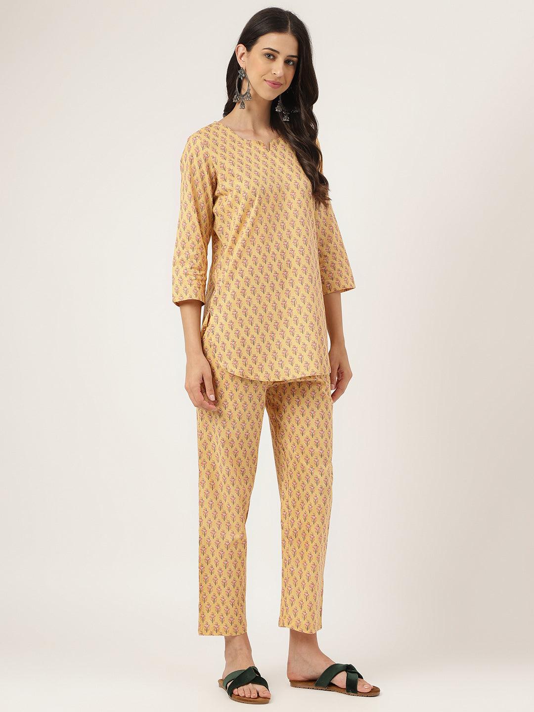 Women's mustard Printed Loungewear/Nightwear - Taantav