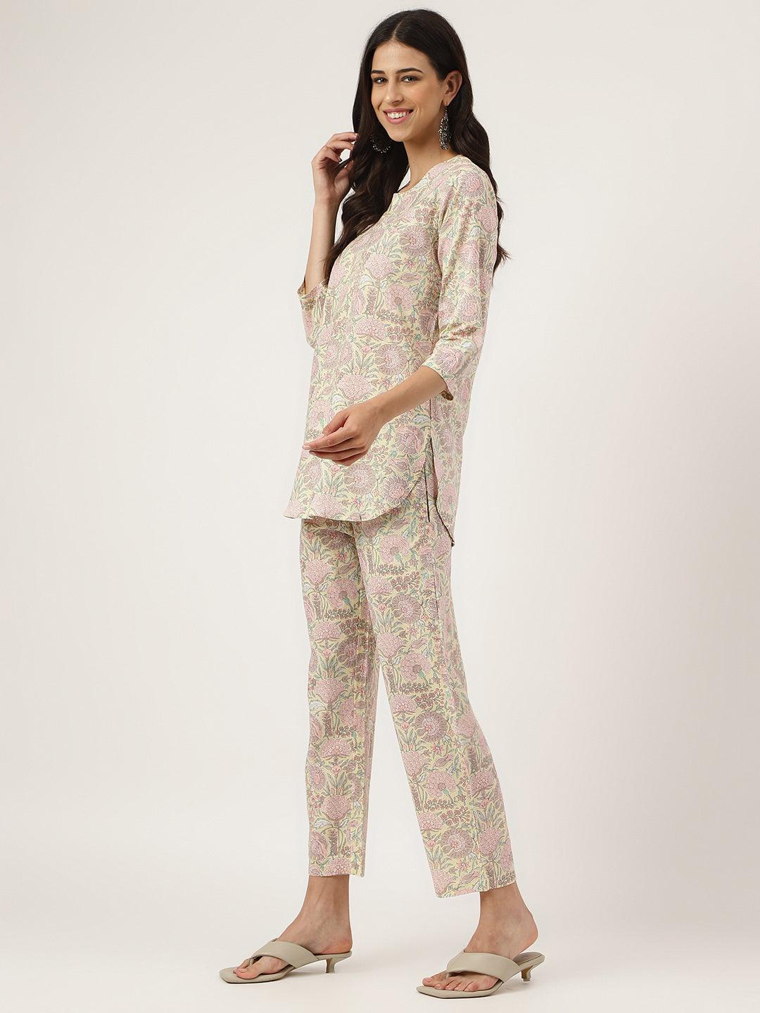 Women's Yellow Printed Loungewear/Nightwear - Taantav