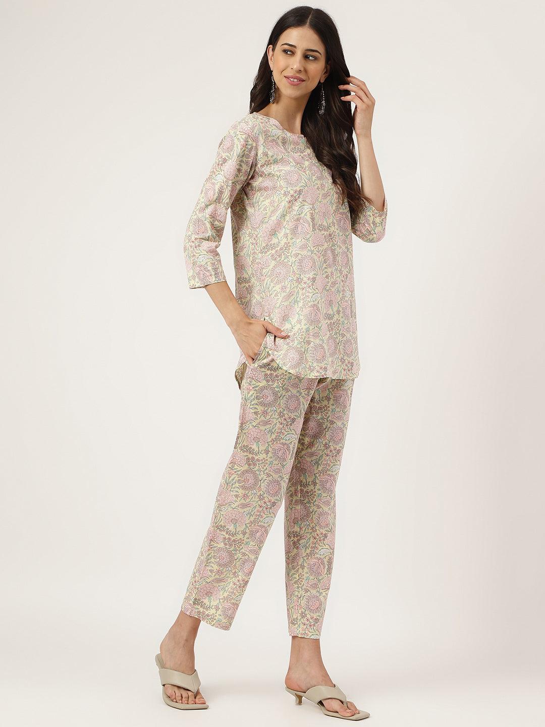 Women's Yellow Printed Loungewear/Nightwear - Taantav