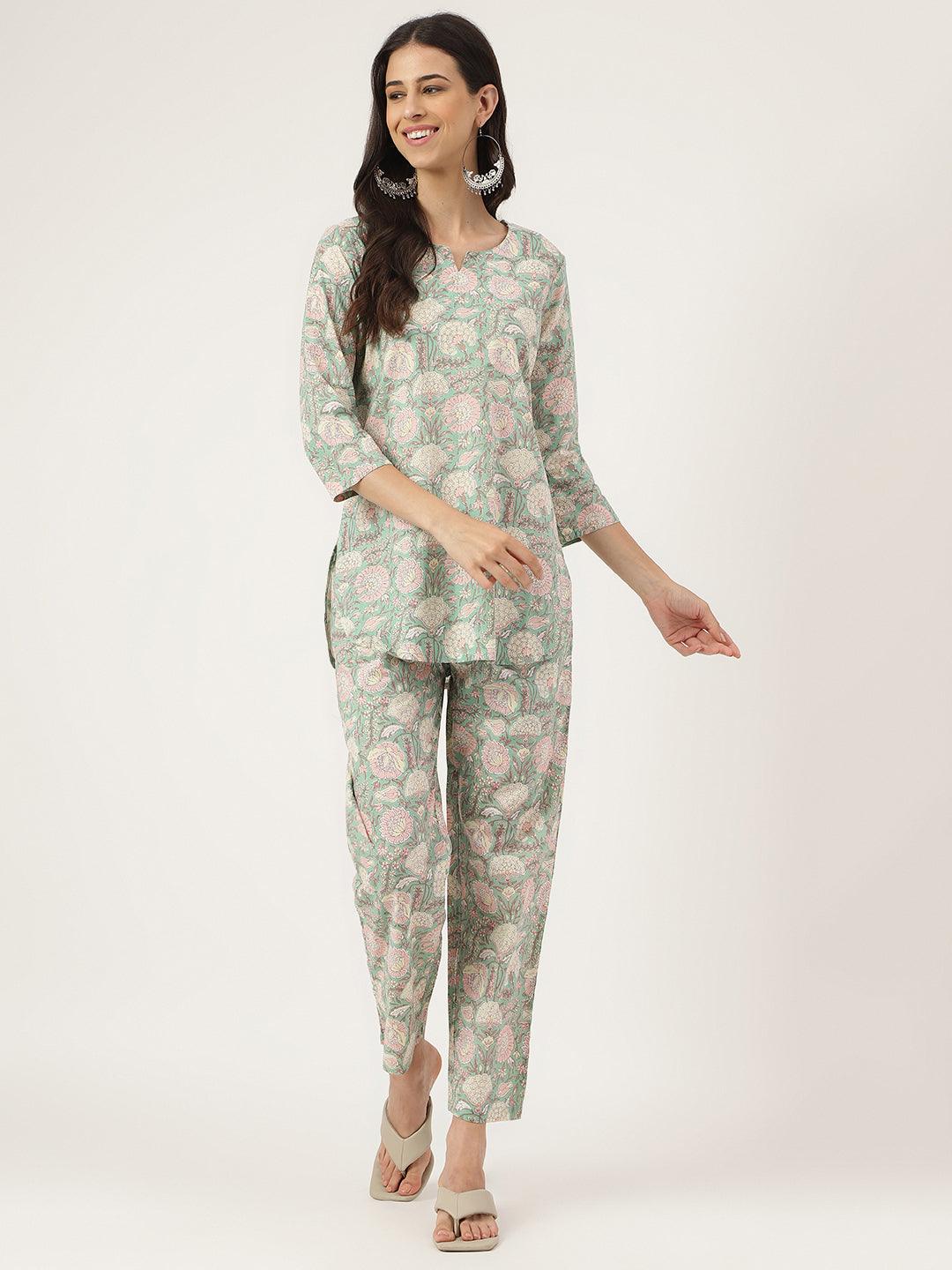 Women's Mint Green Printed Loungewear/Nightwear - Taantav