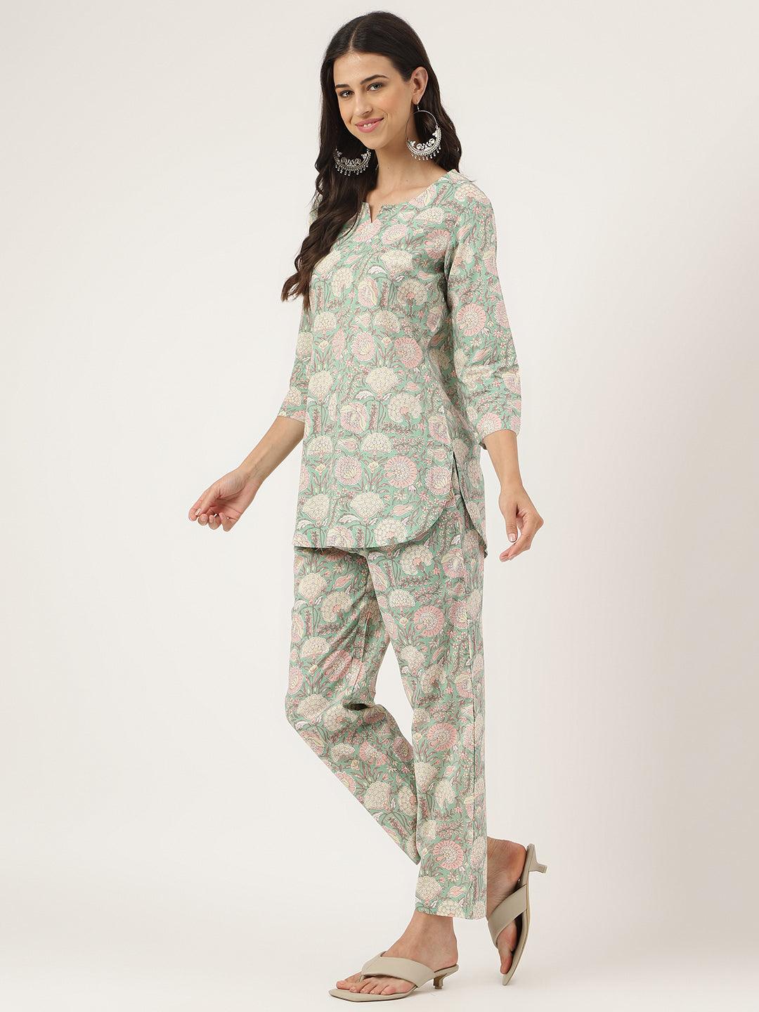 Women's Mint Green Printed Loungewear/Nightwear - Taantav