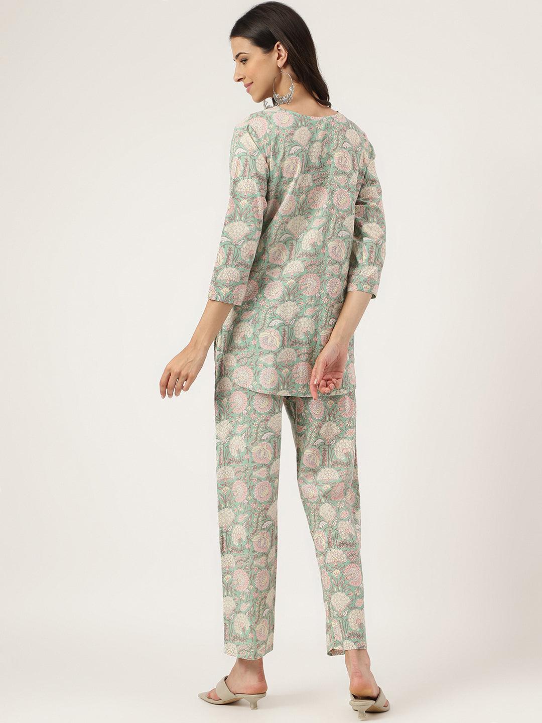 Women's Mint Green Printed Loungewear/Nightwear - Taantav