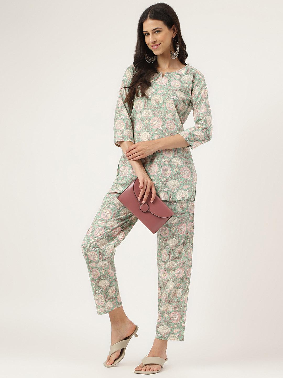 Women's Mint Green Printed Loungewear/Nightwear - Taantav