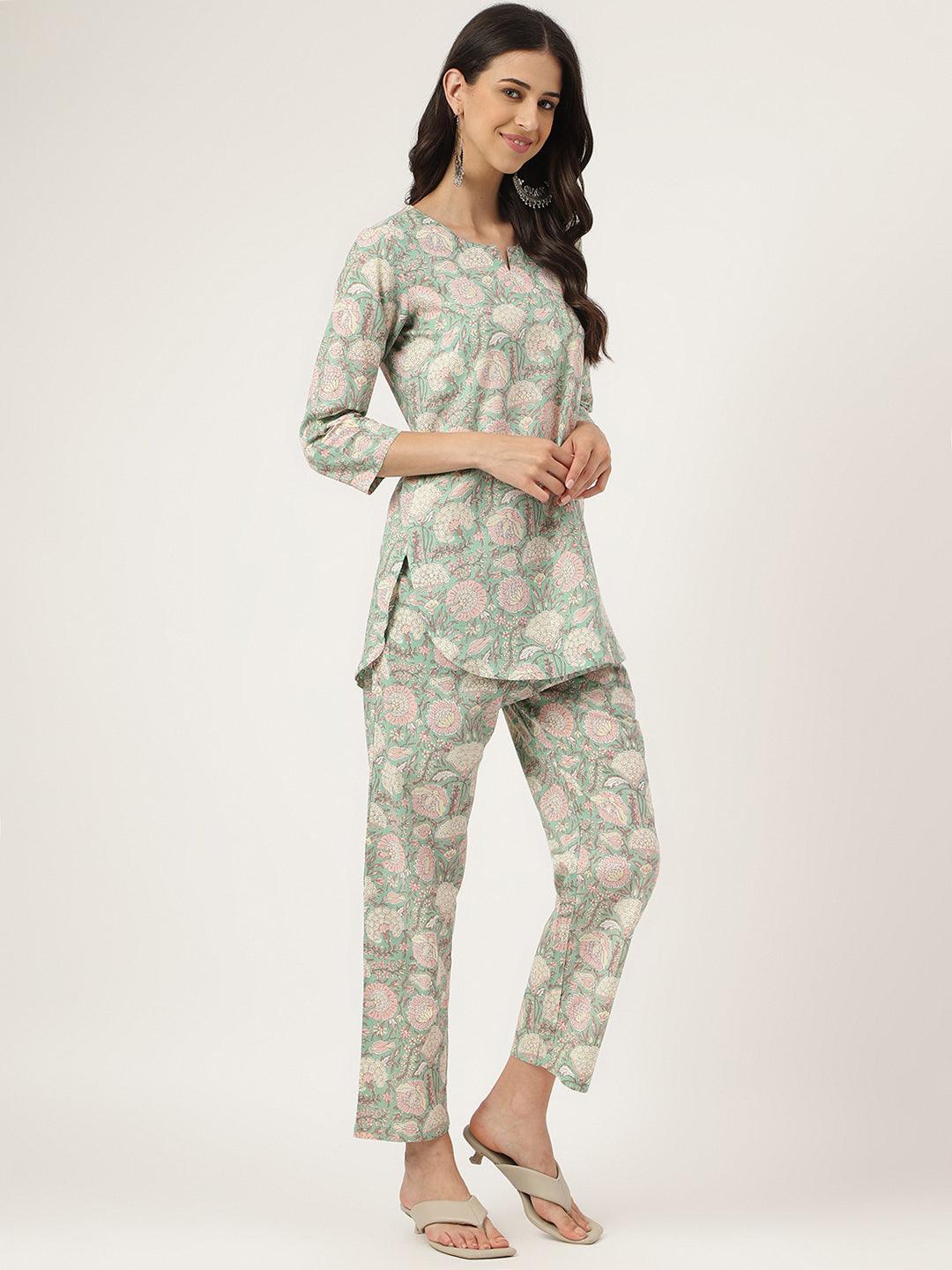 Women's Mint Green Printed Loungewear/Nightwear - Taantav