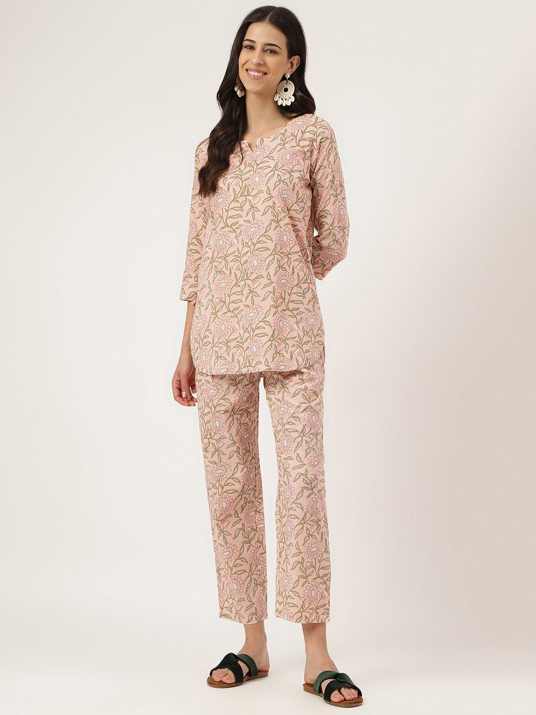 Women's Pink Printed Loungewear/Nightwear - Taantav