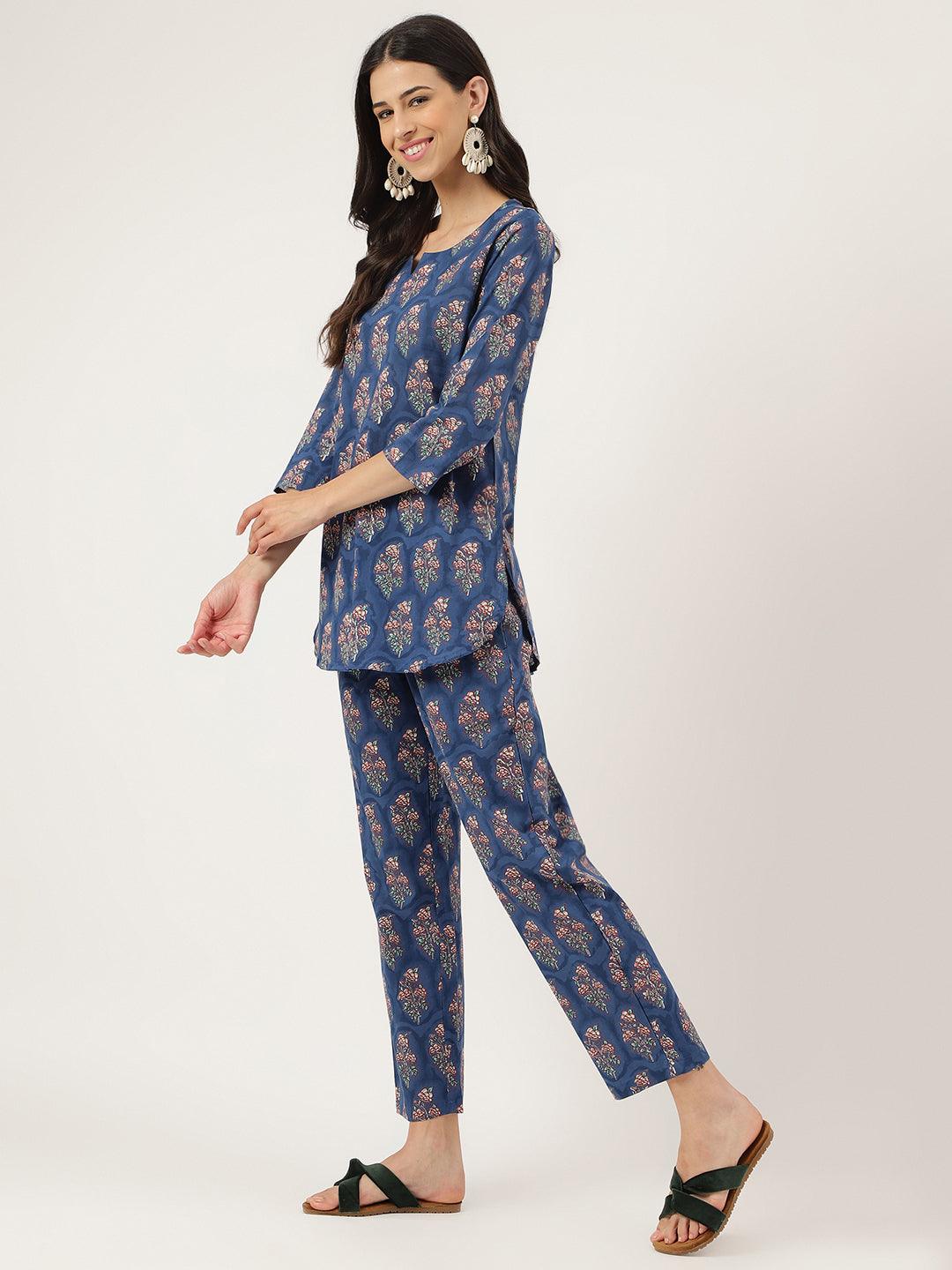 Women's Blue Printed Loungewear/Nightwear - Taantav