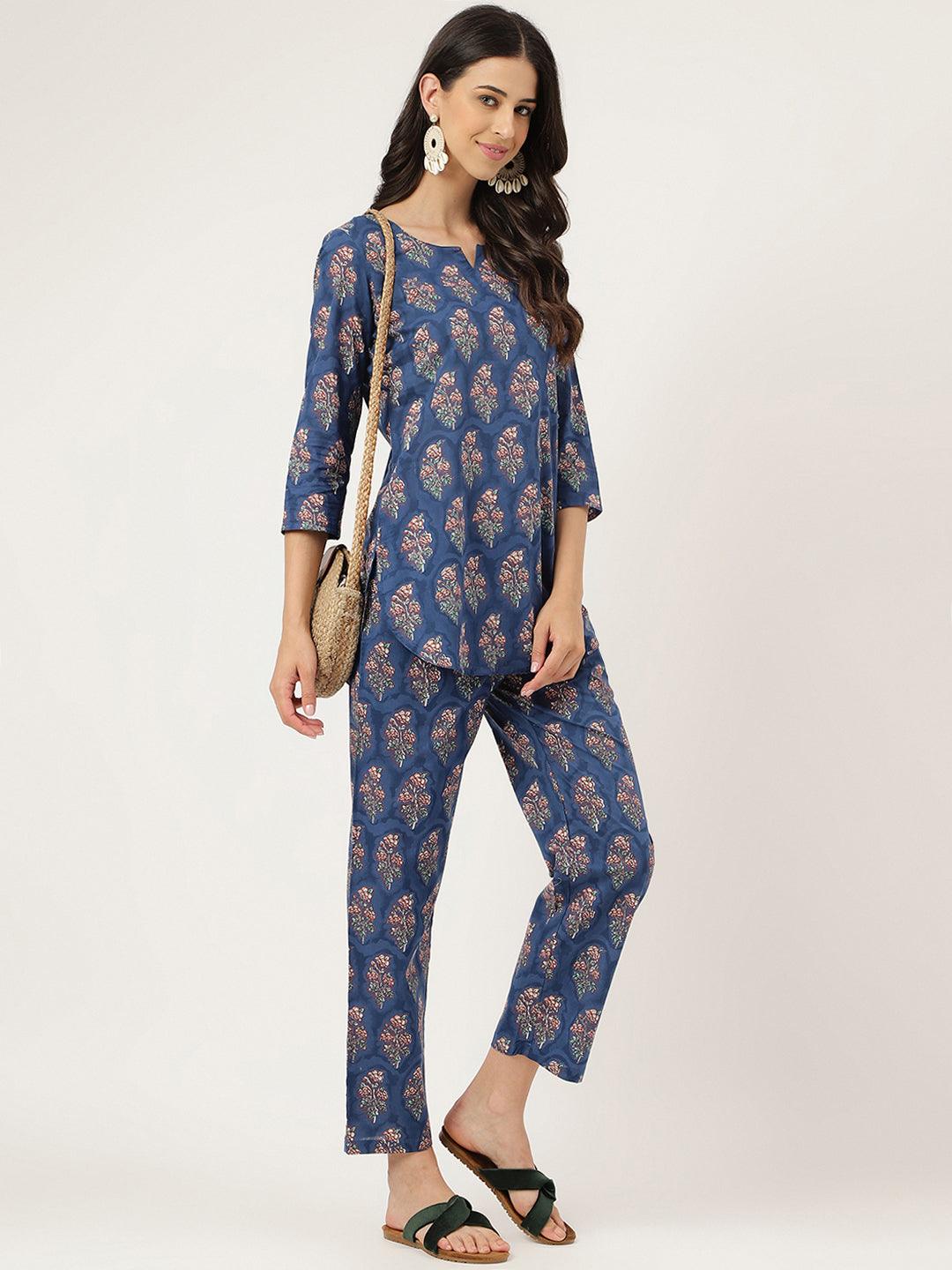 Women's Blue Printed Loungewear/Nightwear - Taantav