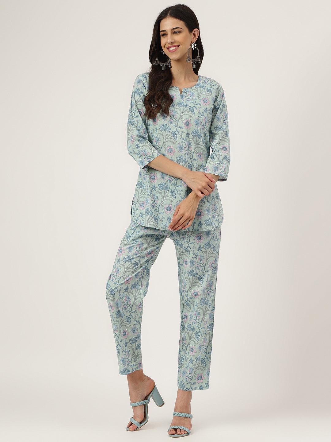 Women's Turquoise Blue Printed Loungewear/Nightwear - Taantav