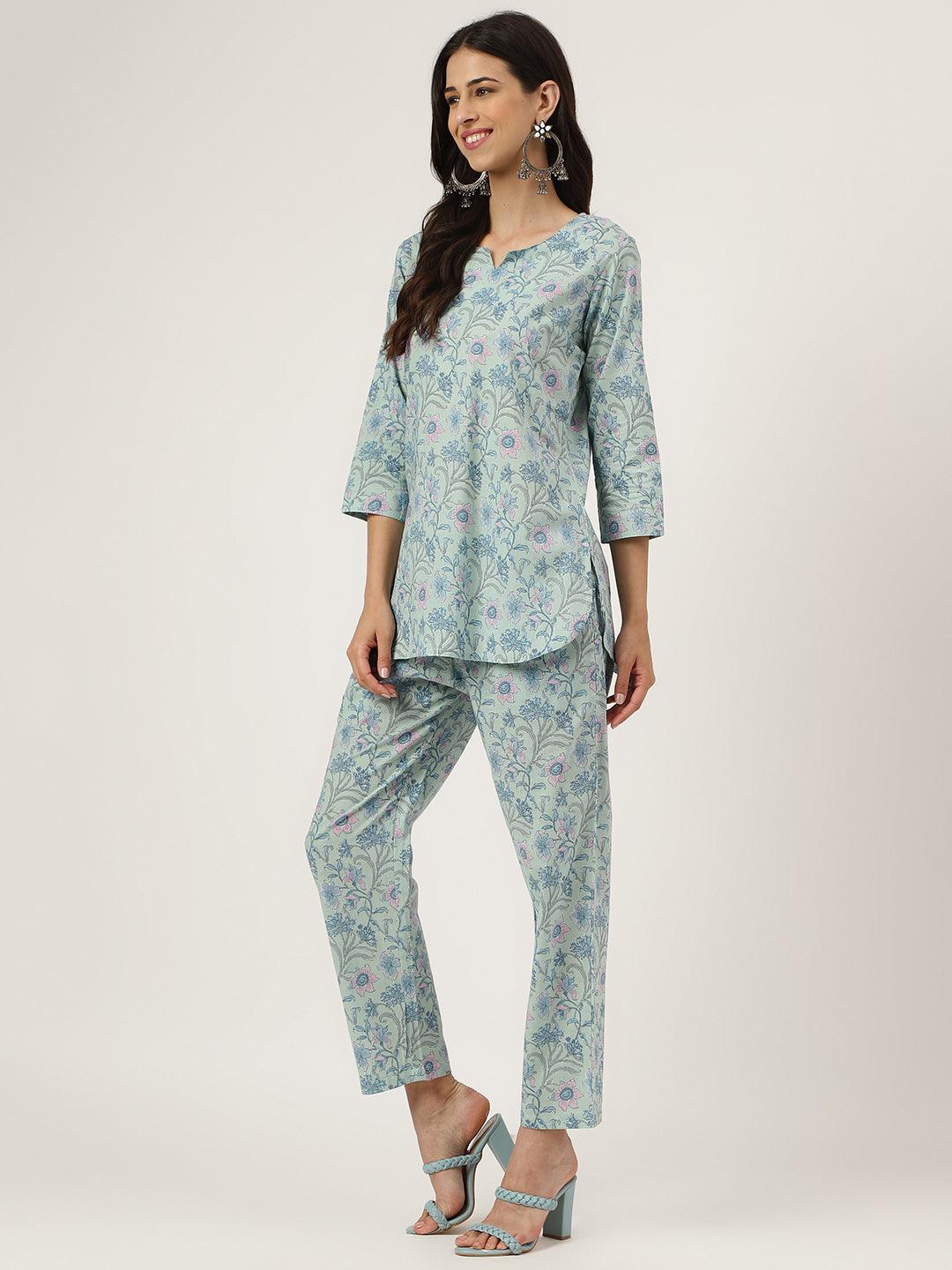 Women's Turquoise Blue Printed Loungewear/Nightwear - Taantav