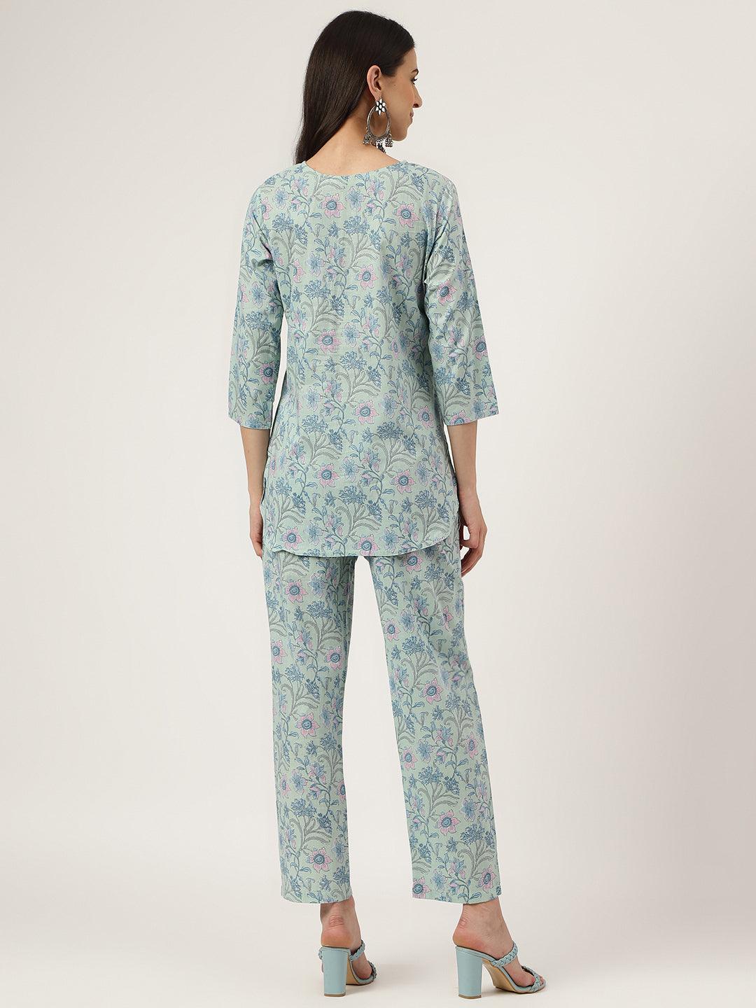 Women's Turquoise Blue Printed Loungewear/Nightwear - Taantav