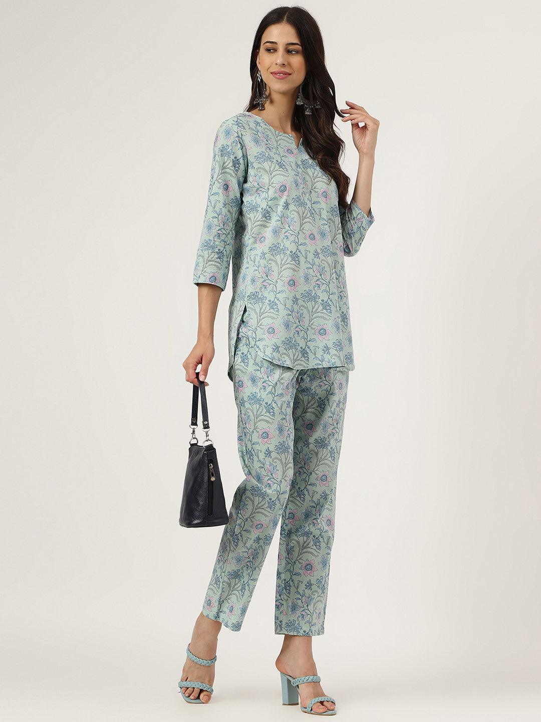 Women's Turquoise Blue Printed Loungewear/Nightwear - Taantav