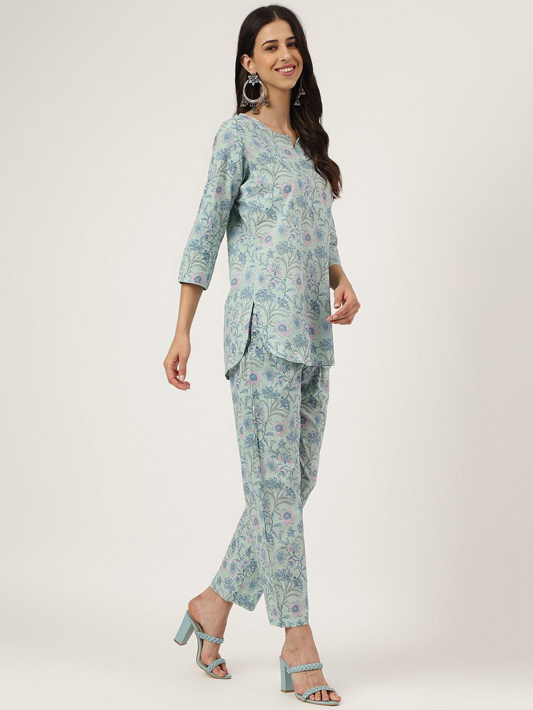 Women's Turquoise Blue Printed Loungewear/Nightwear - Taantav