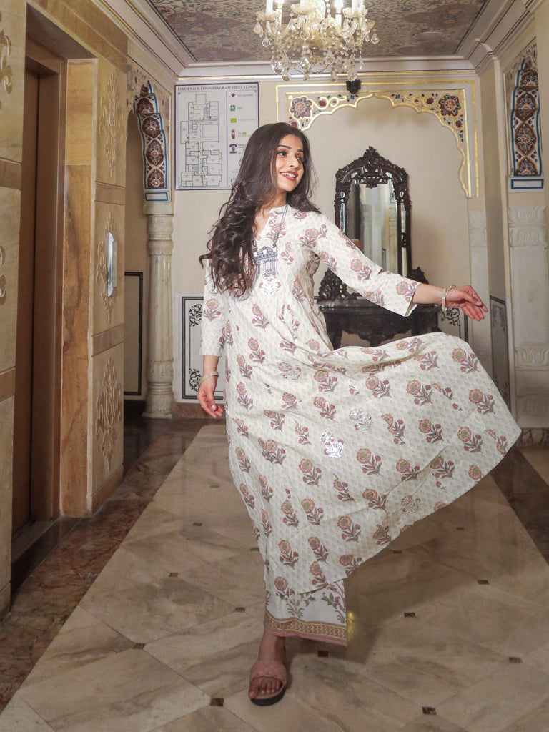 Women's ivory white self print cotton kurti with palazzo set
