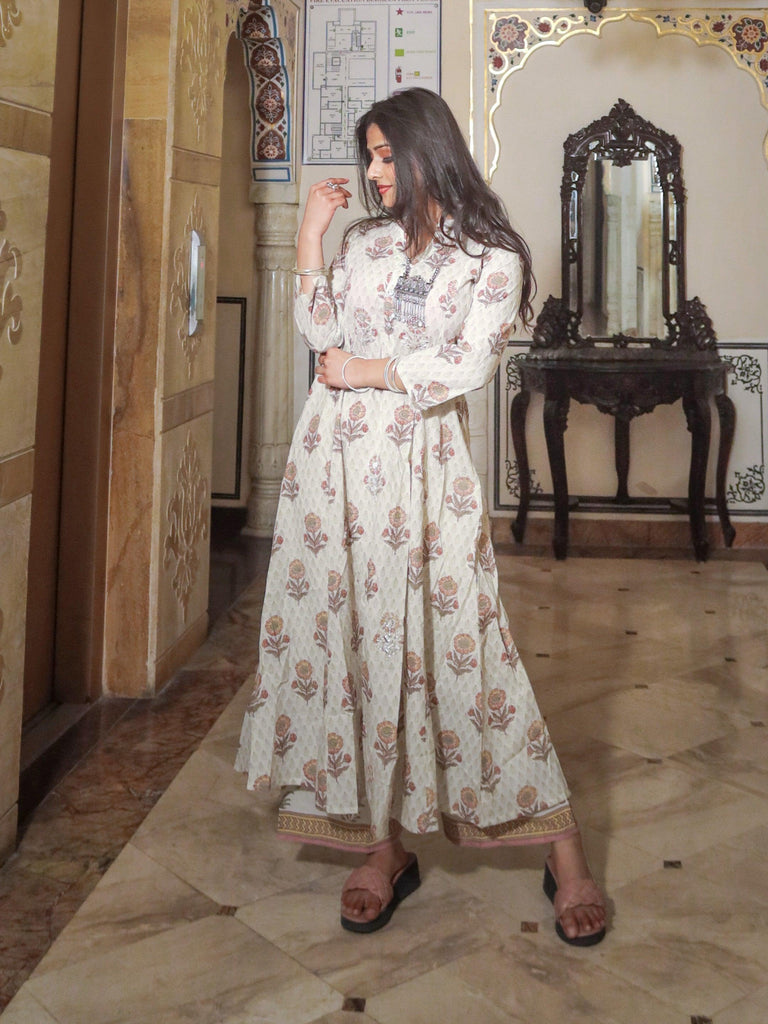 Women's ivory white self print cotton kurti with palazzo set