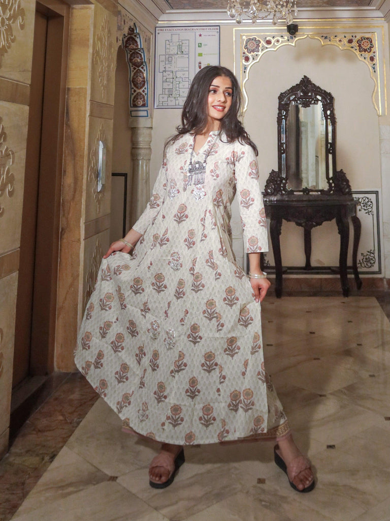 Women's ivory white self print cotton kurti with palazzo set