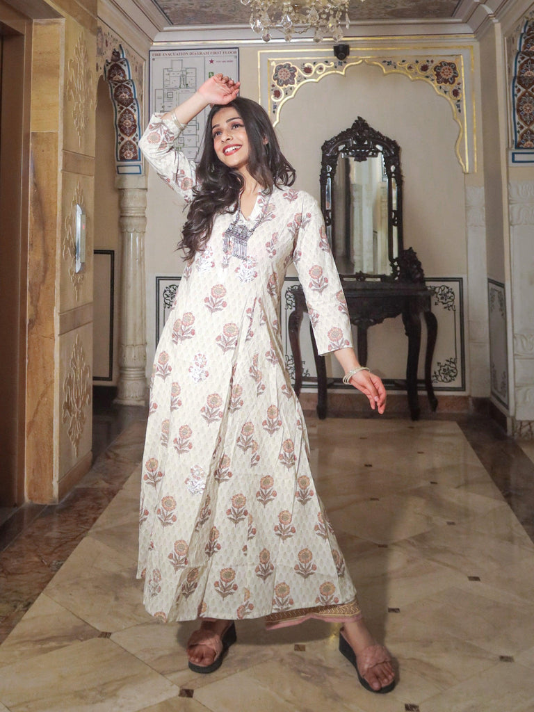 Women's ivory white self print cotton kurti with palazzo set