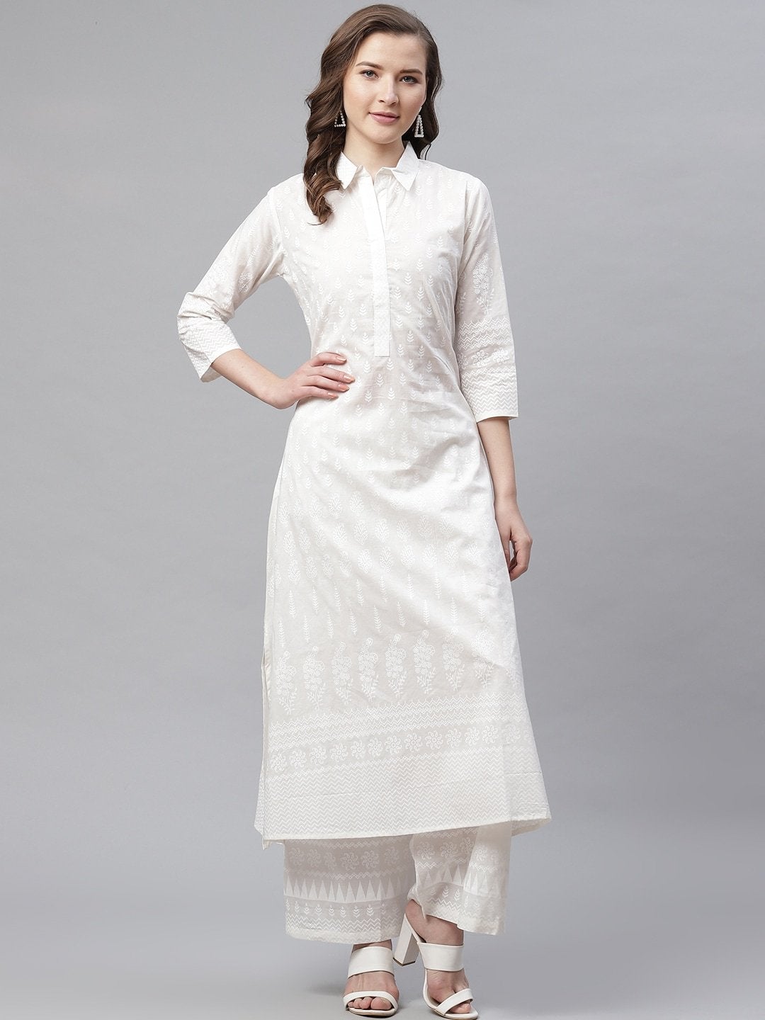 Women's The Dressify White Printed Cotton Kurti With Palazzo