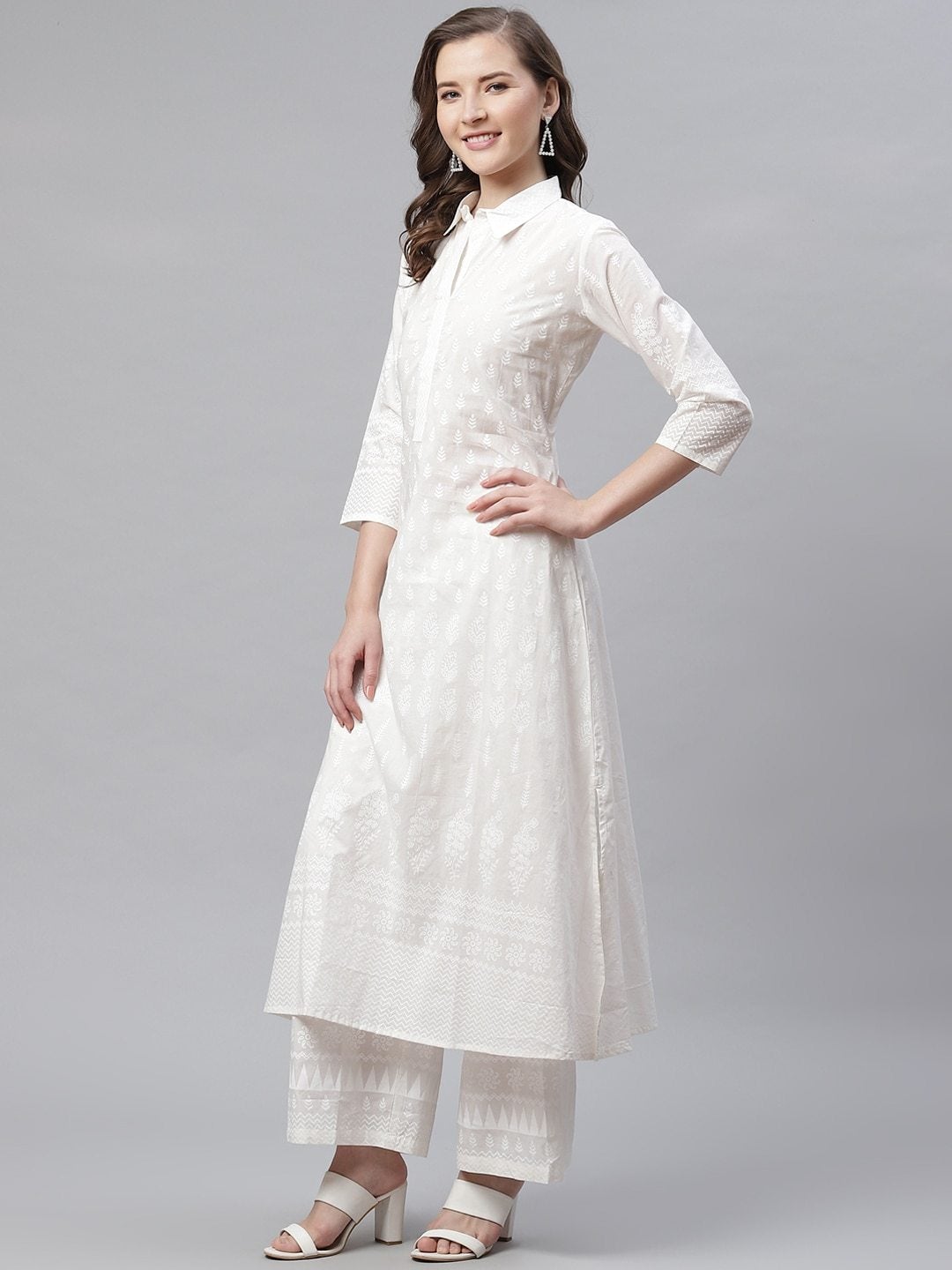 Women's The Dressify White Printed Cotton Kurti With Palazzo