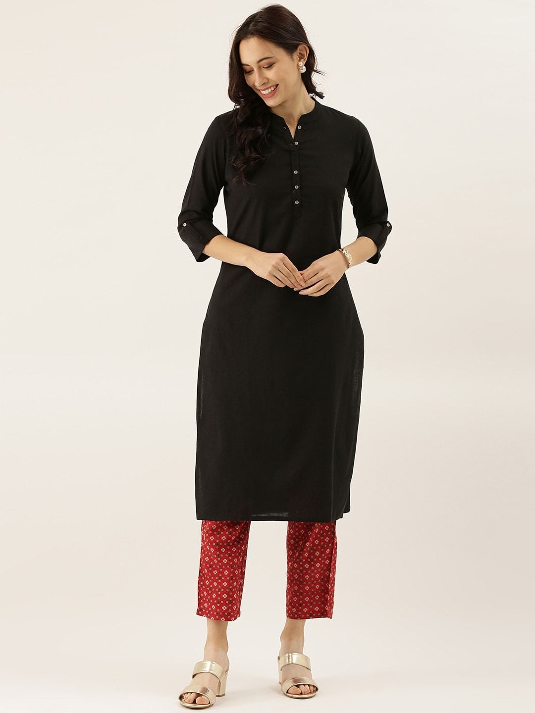 Women's Black Solid Straight Roll up Kurti
