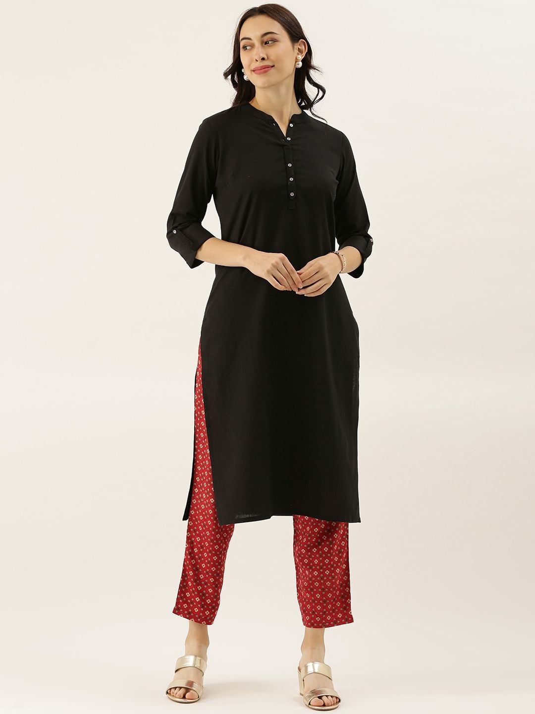 Women's Black Solid Straight Roll up Kurti