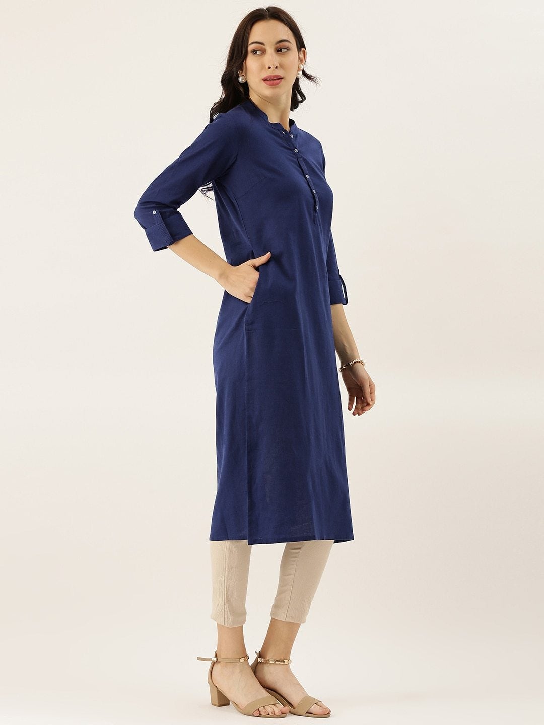Women's Blue Solid Straight Roll up Sleeve Kurti