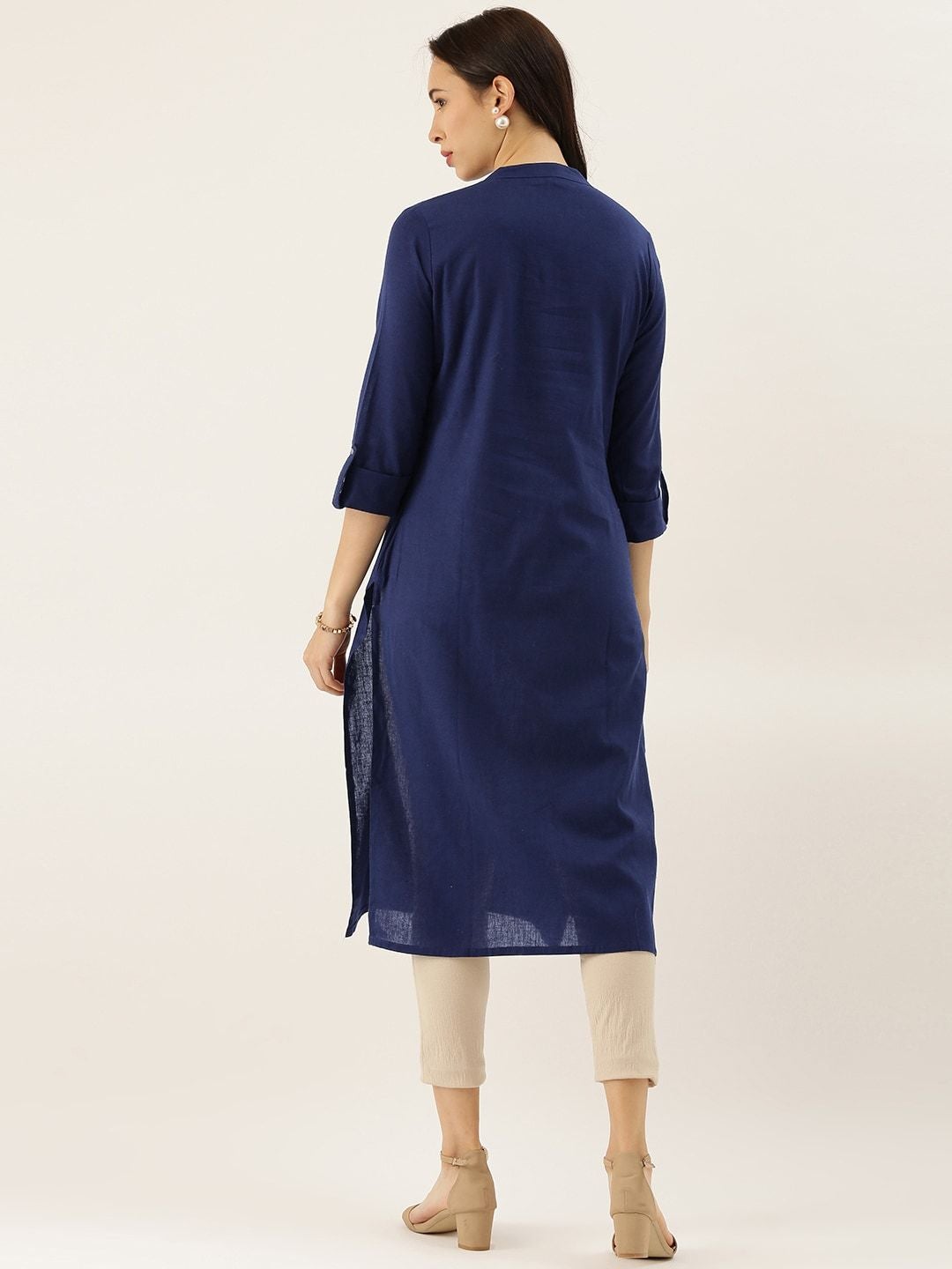 Women's Blue Solid Straight Roll up Sleeve Kurti