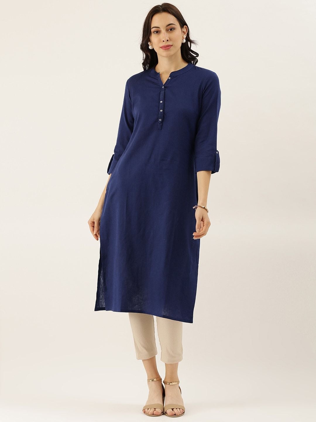Women's Blue Solid Straight Roll up Sleeve Kurti