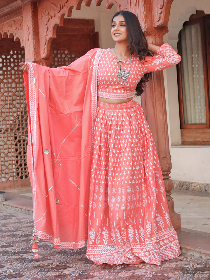 Women's Pink Printed Crop Top, lehenga with Dupatta set