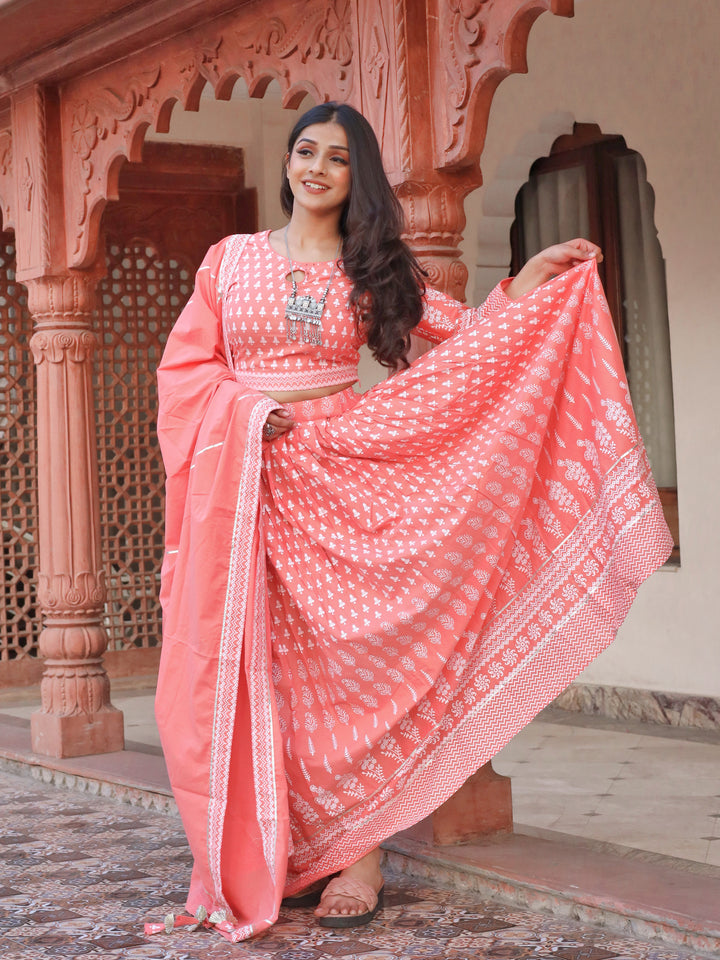 Women's Pink Printed Crop Top, lehenga with Dupatta set