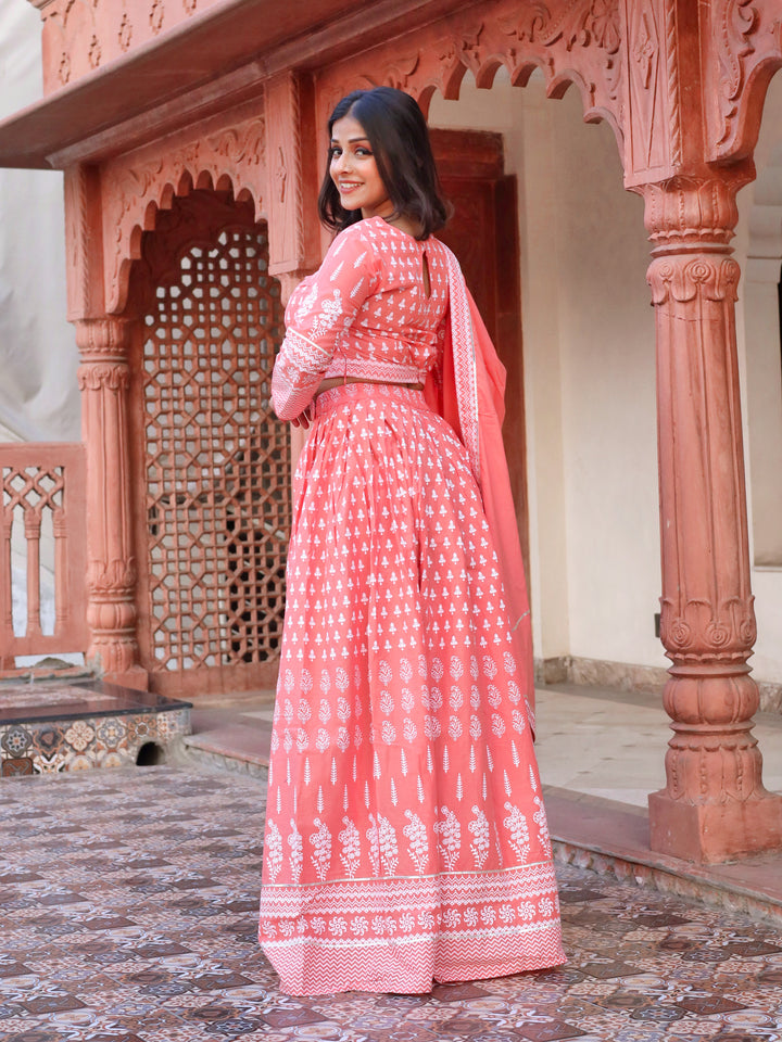 Women's Pink Printed Crop Top, lehenga with Dupatta set - Taantav