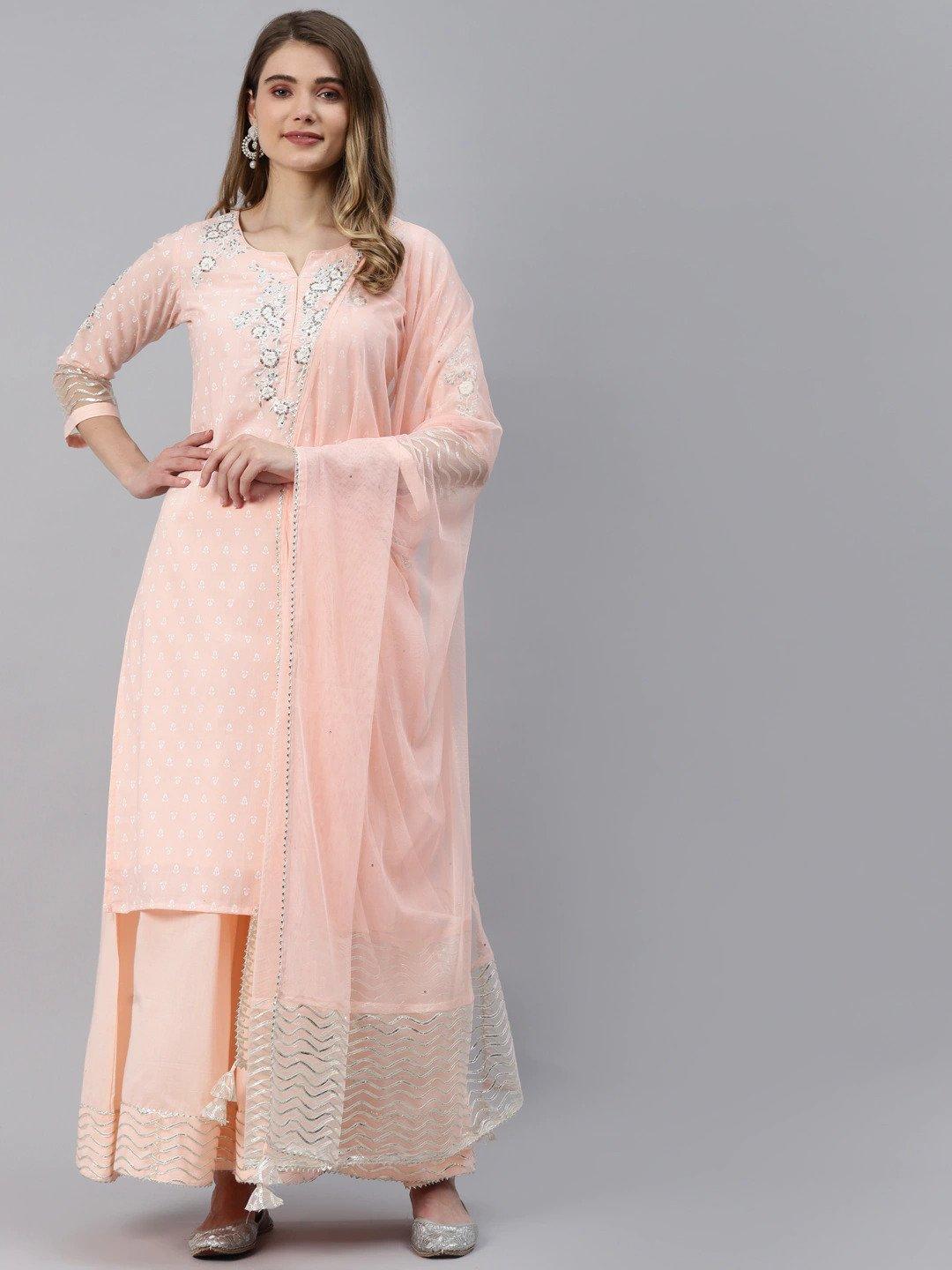 Women's Light Pink Kurta Palazzo Set with Net Dupatta - Taantav