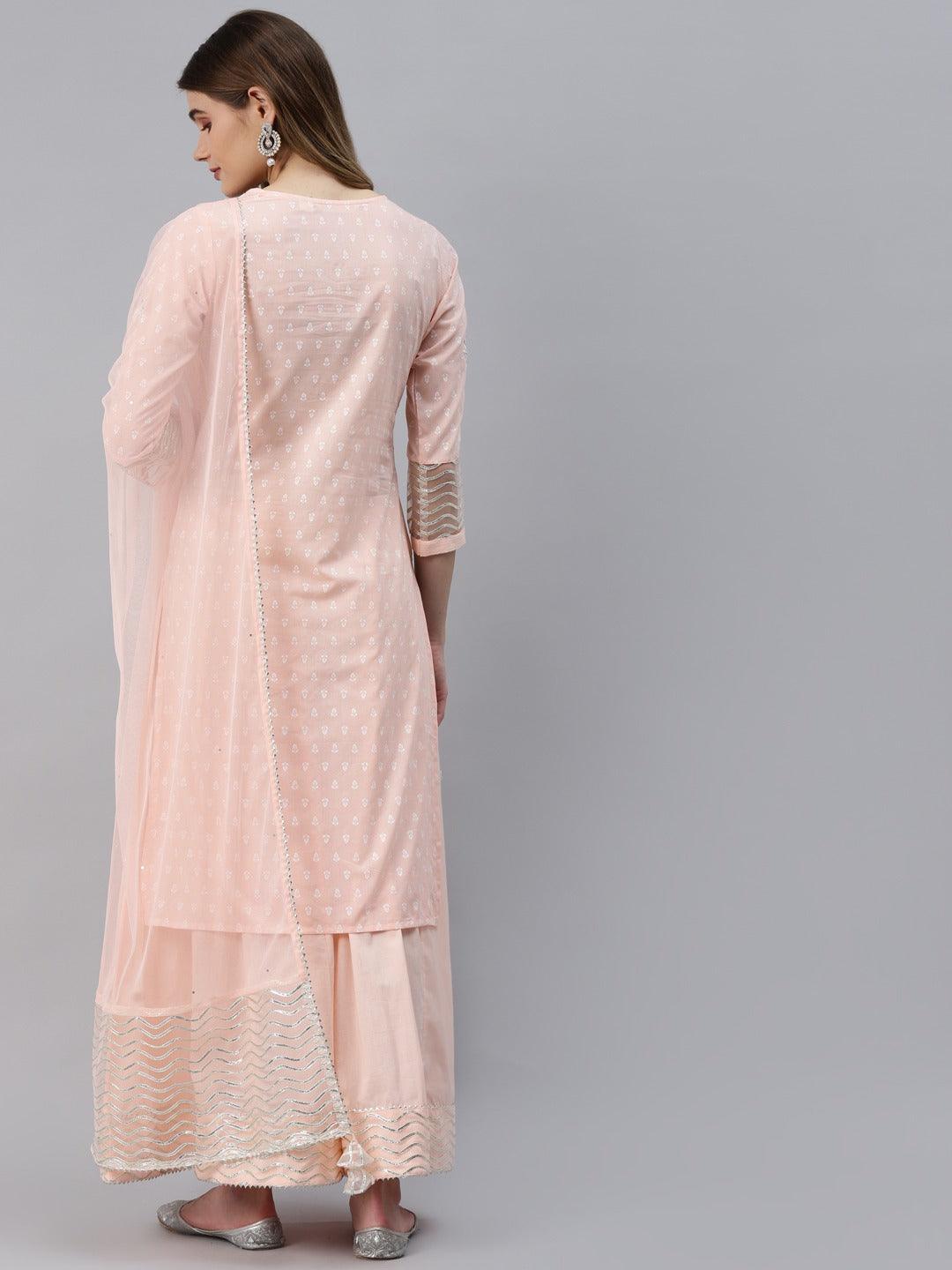 Women's Light Pink Kurta Palazzo Set with Net Dupatta - Taantav