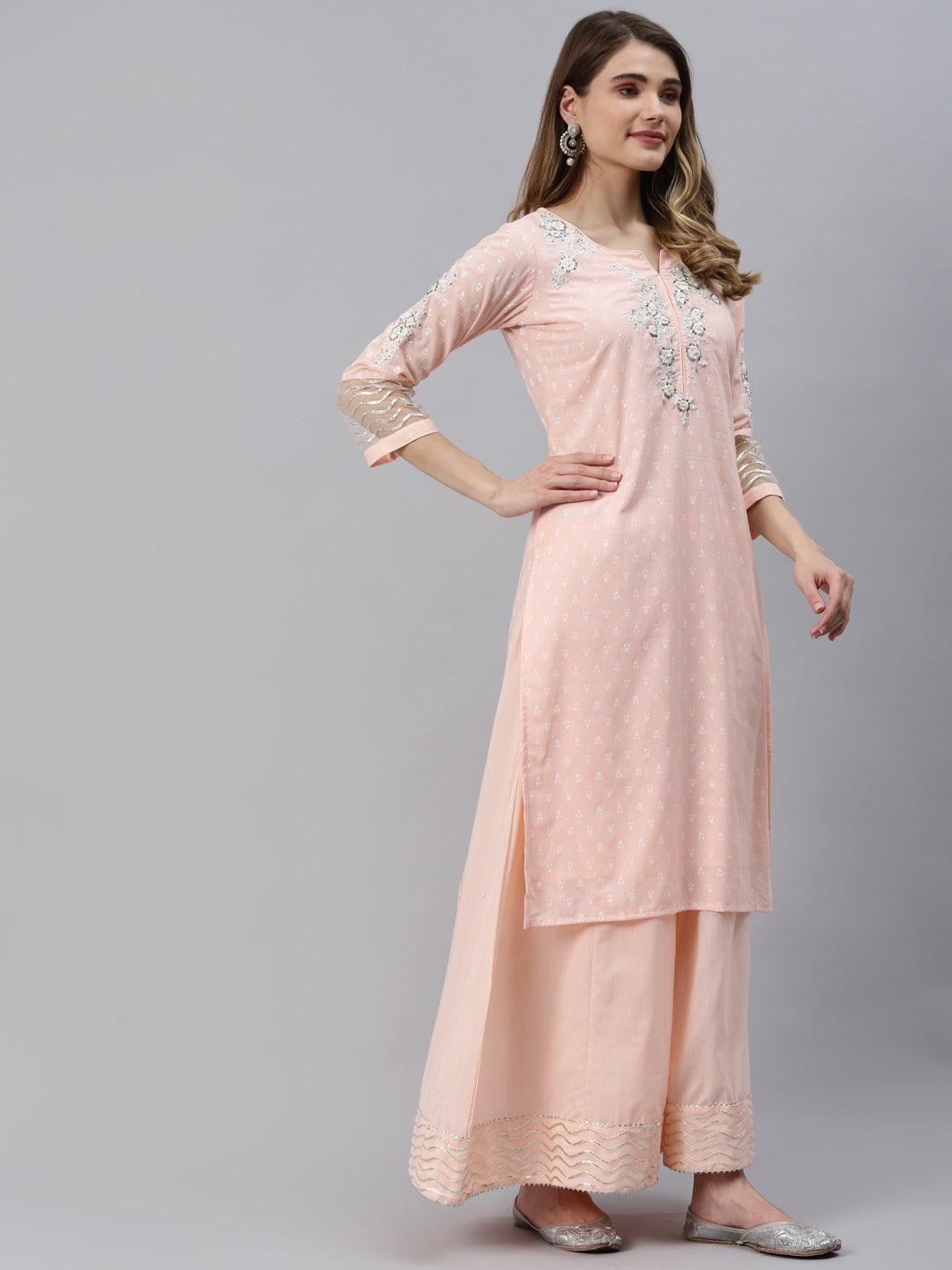 Women's Light Pink Kurta Palazzo Set with Net Dupatta - Taantav