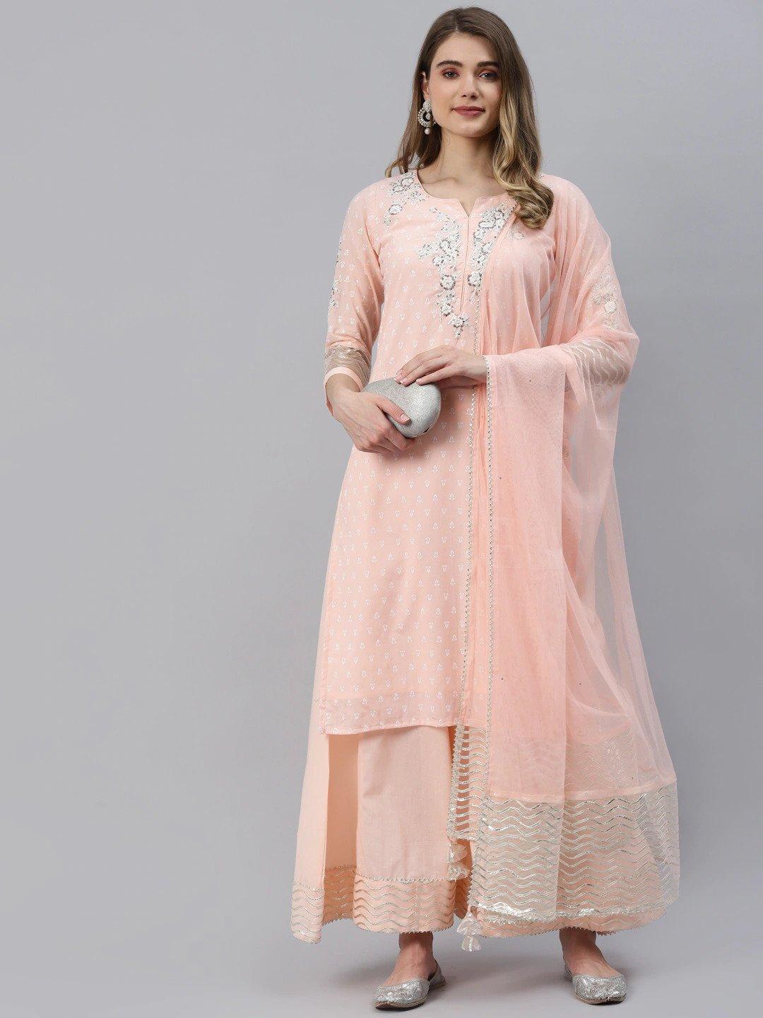 Women's Light Pink Kurta Palazzo Set with Net Dupatta - Taantav