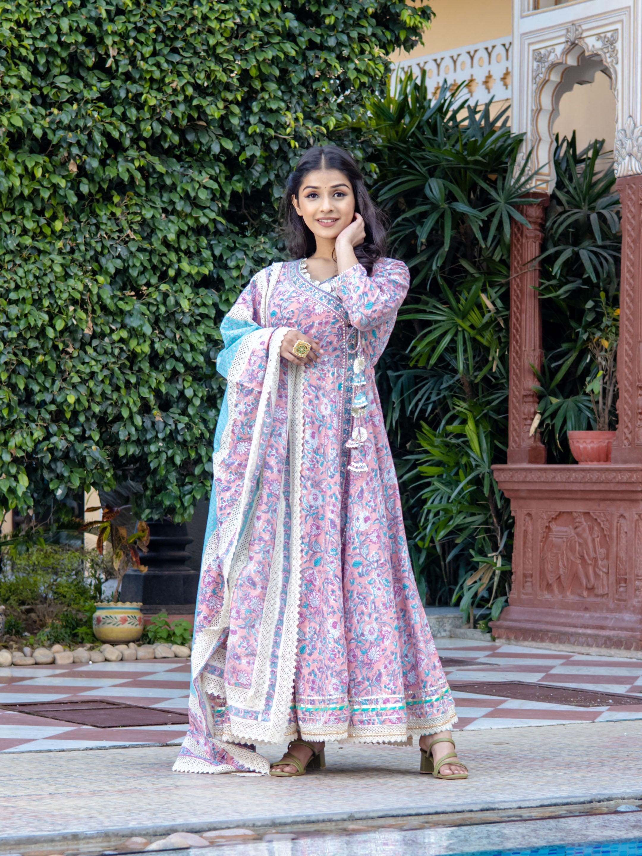 Women's Pink Cotton Floral printed Anarkali kurta Pant set With Dupatta - Taantav