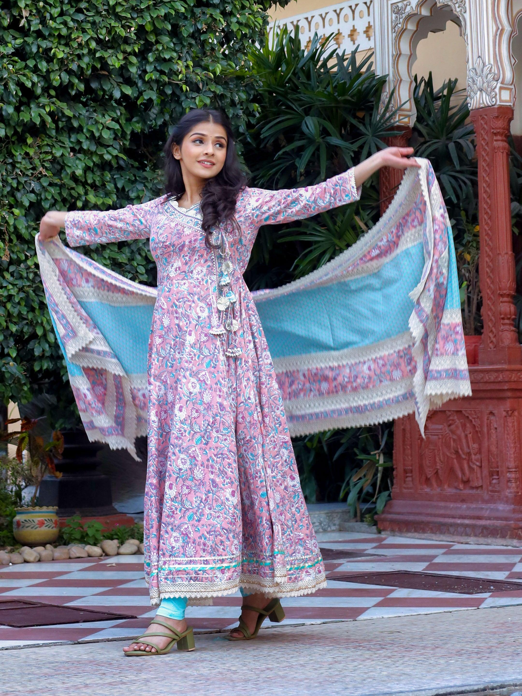 Women's Pink Cotton Floral printed Anarkali kurta Pant set With Dupatta - Taantav